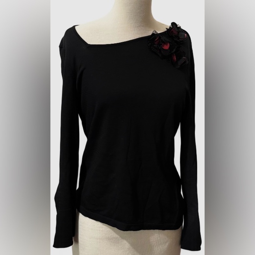 Colette Mordo Red Black Floral Top Asymmetrical Neck Long Sleeve M